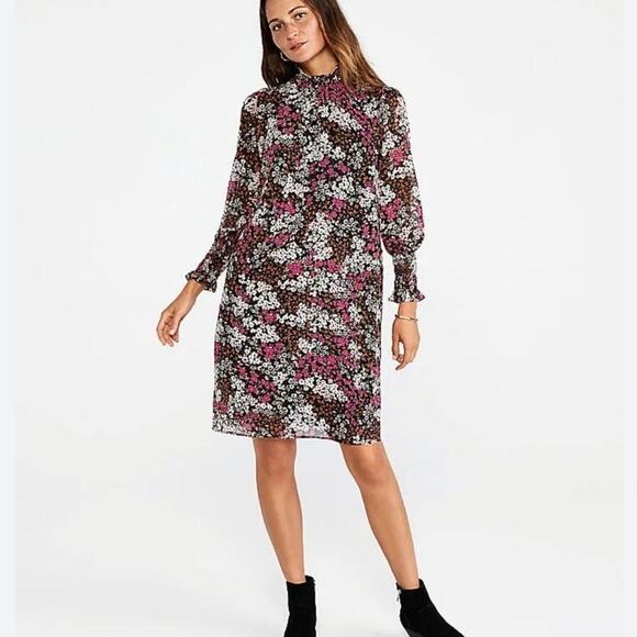 NWT Ann Taylor Floral Mock neck Long sleeve Mini Tunic Chiffon dress size 10 - Picture 1 of 16